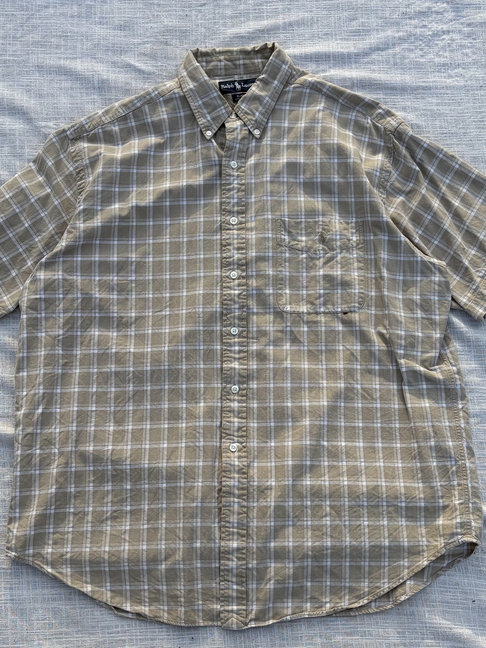 Vintage90s Polo Ralph Lauren Men's XL Short Sleeve Cream/White Plaid Button Down